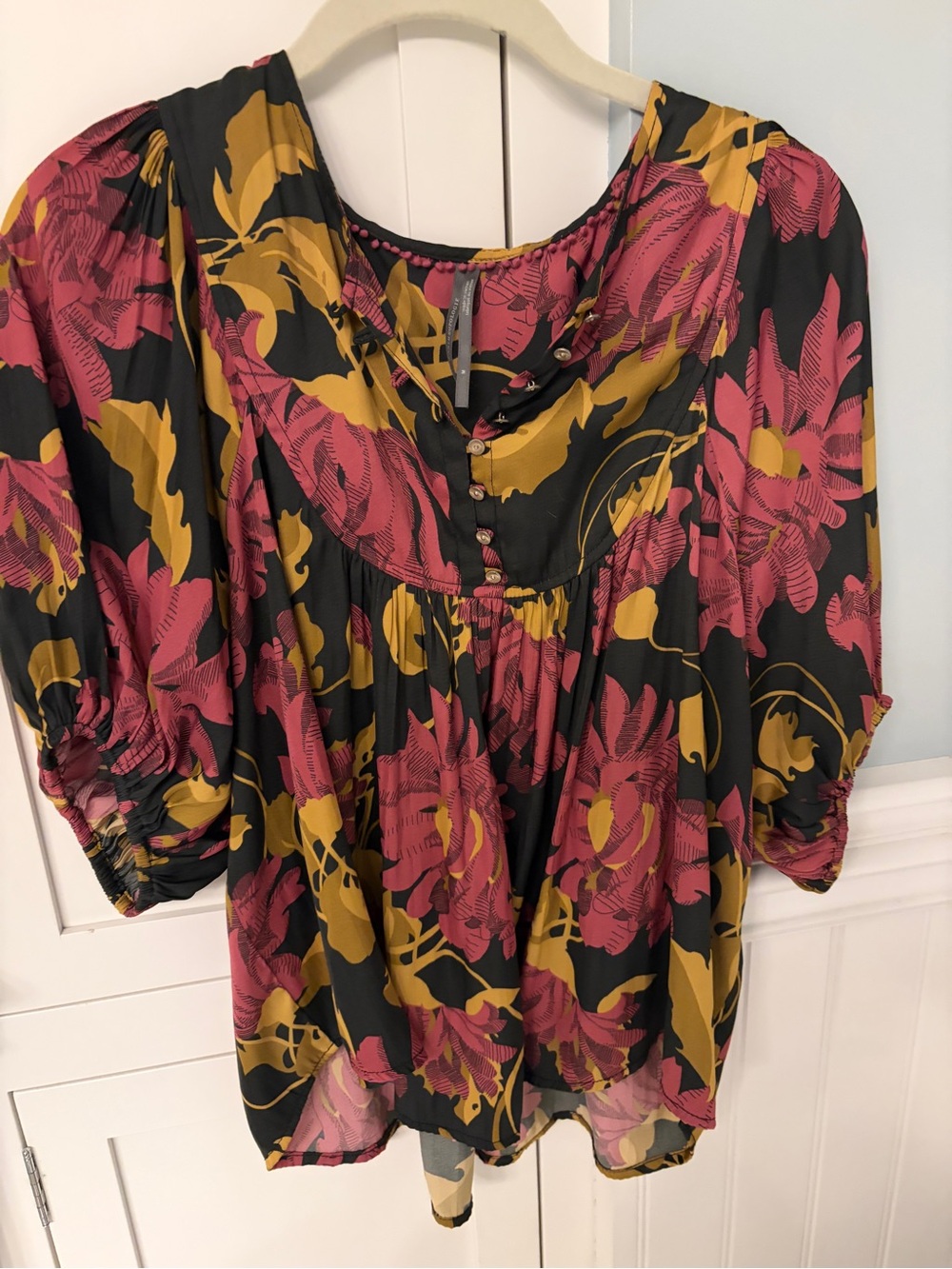 Anthropologie Floral Peasant Blouse - Black, Pink & Mustard